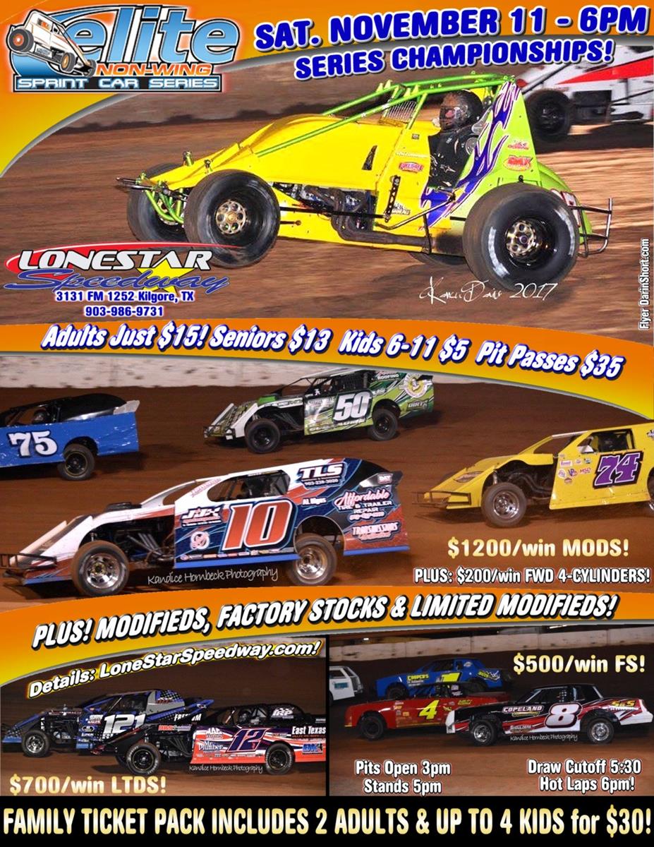 LONESTAR DOUBLEHEADER PAIRS NON-WINGED SPRINTS & TRACK CHAMPS on the HIGH BANKS - SATURDAY, NOVEMBER 11th at 6PM!