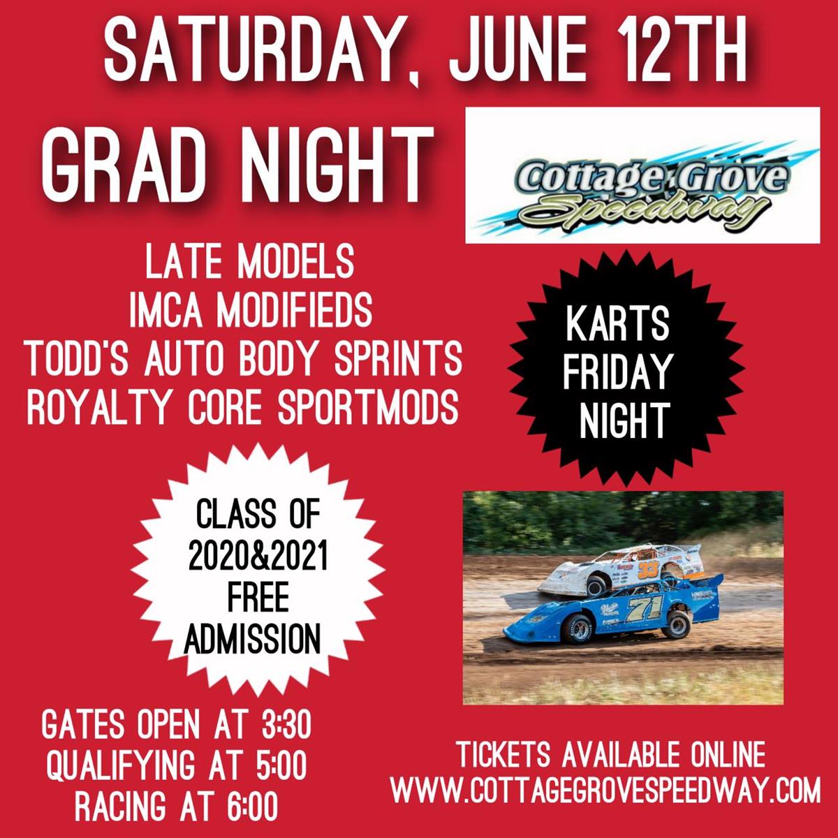 GRAD NIGHT THIS SATURDAY, JUNE 12TH AT COTTAGE GROVE SPEEDWAY!!