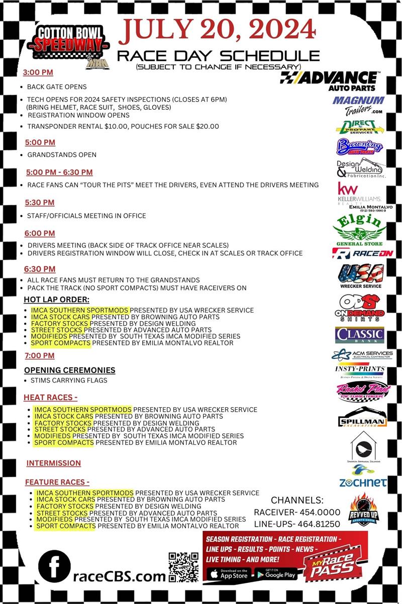 July 20th Race Day Schedule - Welcome STIMS!
