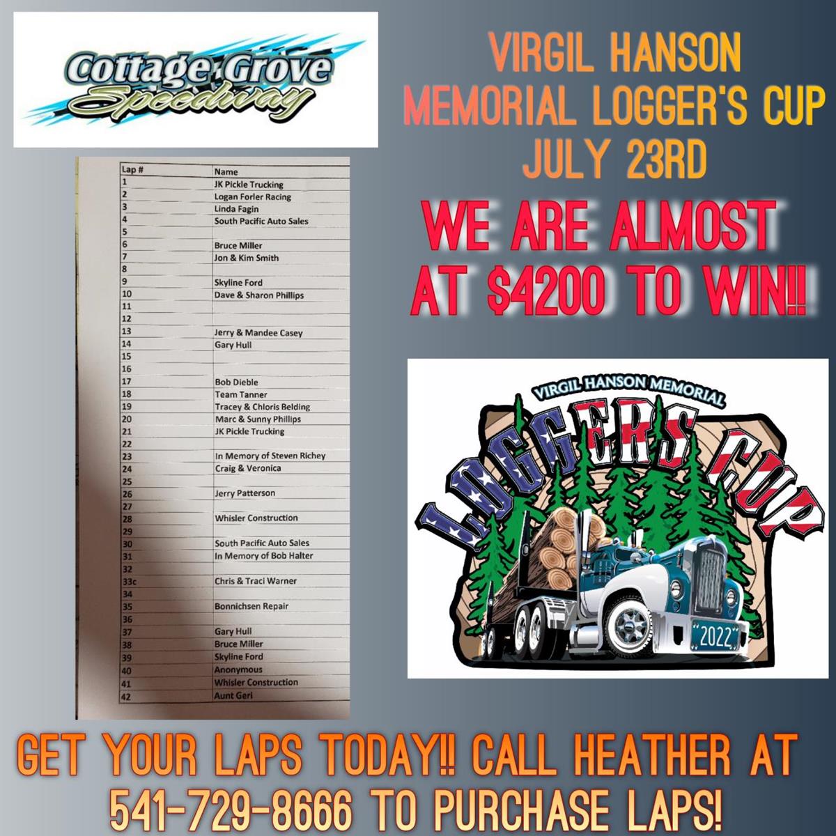 ONLY 13 LAPS LEFT!! GET YOURS TODAY AND BE A PART OF THE VIRGIL HANSON MEMORIAL LOGGER'S CUP!!