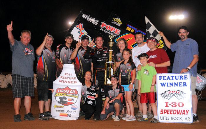 Jason Johnson and the JJR No. 41 crew in Lucas Oil ASCS victory lane after topping Saturday night's 35-lap main event at Little Rock's I-30 Speedway. (Lonnie Wheatley photo)