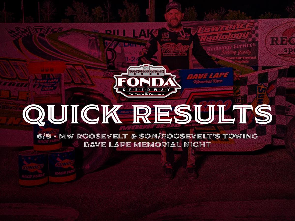 6/8/2024 M. W. Roosevelt & Son, Inc. Roosevelt's Towing & Recovery DAVE LAPE MEMORIAL NIGHT QUICK RESULTS