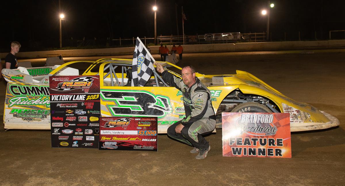JEREMY WONDERLING BECOMES 3RD DIFFERENT WINNER IN 3 HOVIS RUSH LATE MODEL FLYNN'S TIRE TOUR RACES RUN ALL-TIME AT BRADFORD WITH SERIES LEADING 3RD VIC