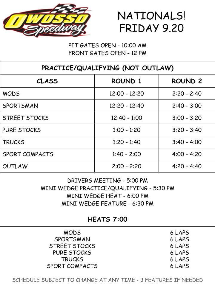 Owosso Nationals Schedule