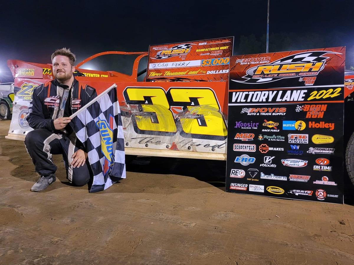 JOSH FERRY PASSES ERIEZ STANDOUT JASON GENCO TO SCORE AN UPSET CAREER 1ST HOVIS RUSH LATE MODEL FLYNN'S TIRE TOUR VICTORY TO BECOME 8TH DIFFERENT WINN