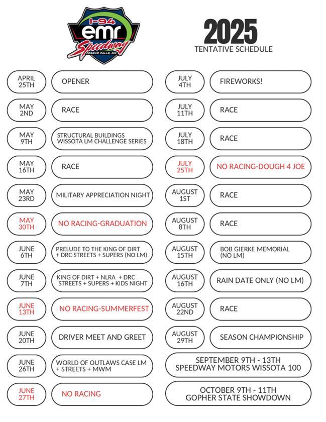 Tenative 2025 Schedule