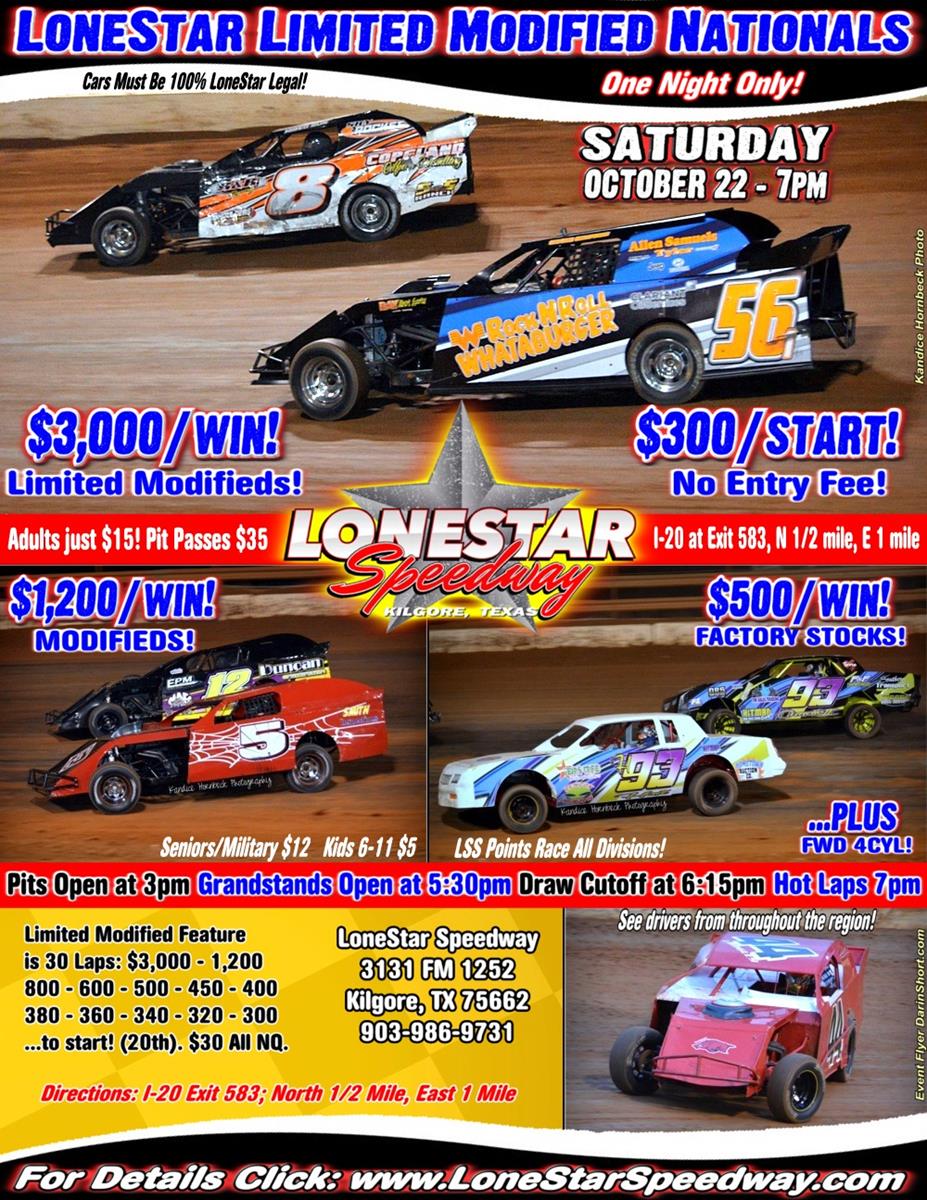 NEW EVENT! $3,000/win LoneStar LIMITED MODIFIED NATIONALS - SAT. OCT. 22!