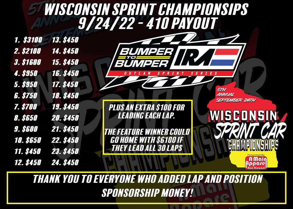 9/24/22 Wisconsin Sprint Car Championships Purse and Added Money
