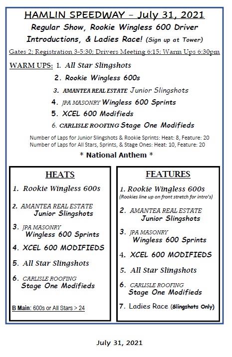 7/31 Schedule of Events - - Regular Show & Rookie 600 Introductions