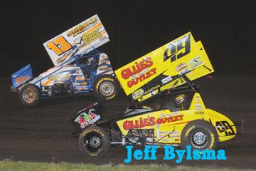 Mark on the outside of Brad Sweet last Friday at Jackson Speedway