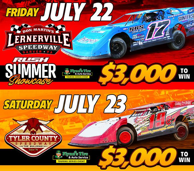 DOUBLEHEADER ON TAP FOR HOVIS RUSH LATE MODEL FLYNN'S TIRE TOUR THIS WEEKEND WITH "RUSH SUMMER SHOWCASE" FRIDAY AT LERNERVILLE & 1ST EVER APPEARANCE A