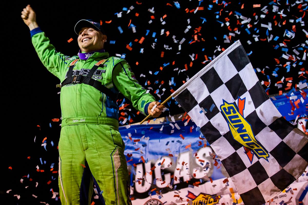 Tyler Erb in Lucas Oil Victory Lane at Hagerstown Speedway