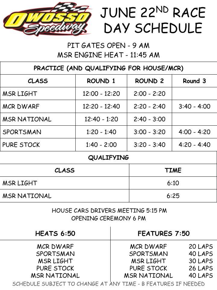 Race Day Itinerary for 6/22