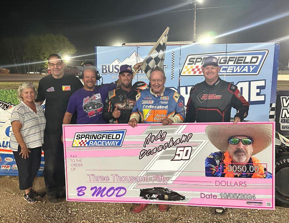 Ken Schrader collected the $3,050 winner's check in the Andy Beauchamp 50 at Springfield (Mo.) Raceway on October 4, 2024.