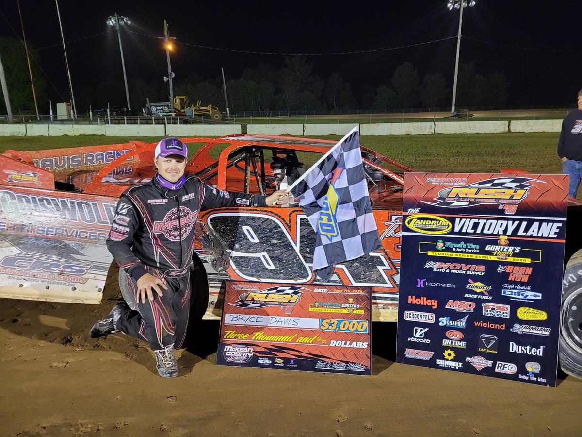 BRYCE DAVIS SWEEPS THE NIGHT FOR THE HOVIS RUSH LATE MODELS IN THE RETURN TO MCKEAN; DAVIS SETS FAST TIME, WINS HIS HEAT, THE DASH & PASSES JEREMY WON