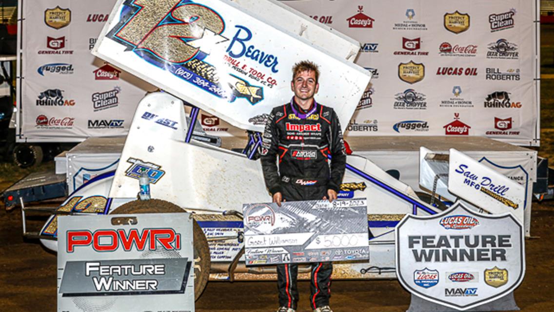 Fast times at Lucas Oil Speedway as Garet Williamson sets track record, wins POWRi 410 Sprint feature