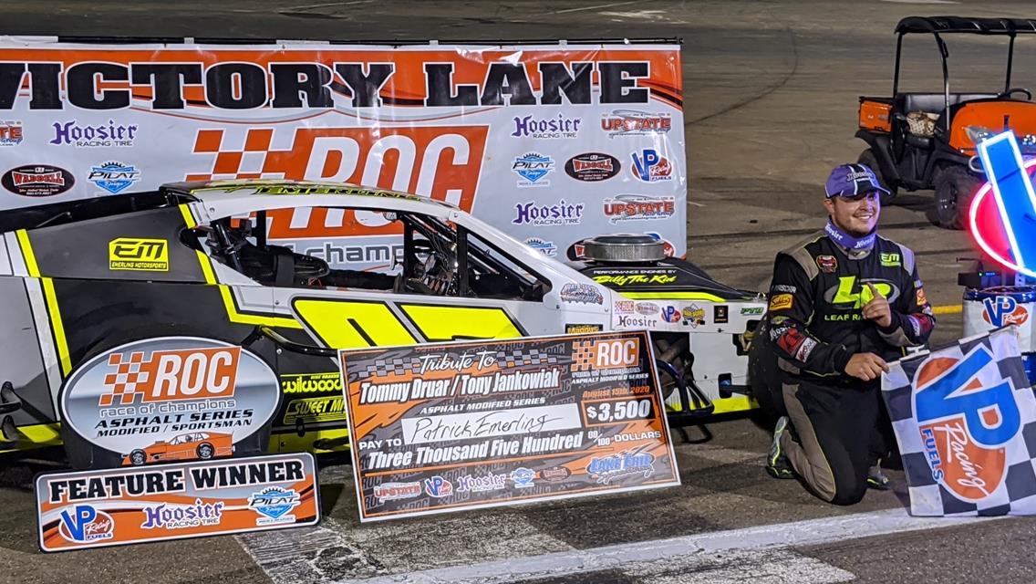 PATRICK EMERLING GET HIS FIRST LAKE ERIE SPEEDWAY MODIFIED WIN IN 31ST ANNUAL TRIBUTE TO TOMMY DRUAR AND TONY JANKOWIAK THIS PAST SATURDAY NIGHT