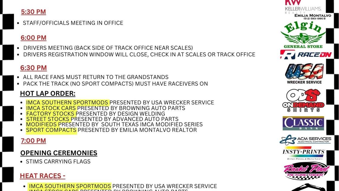July 20th Race Day Schedule - Welcome STIMS!