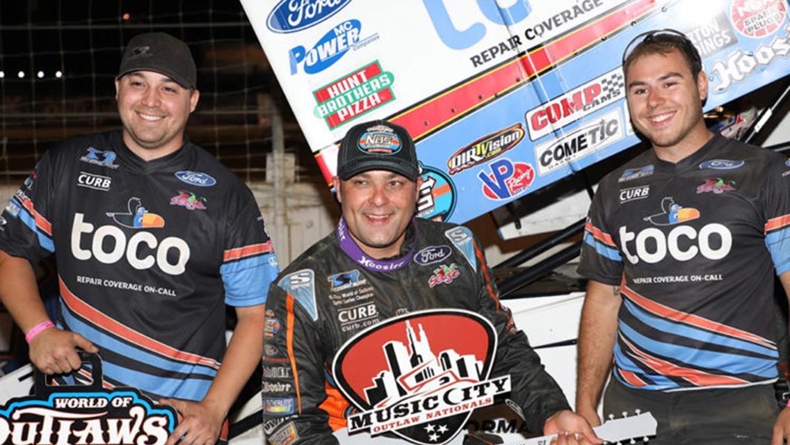 Schatz makes late race pass on Bill Balog to be first World of Outlaws winner in Nashville
