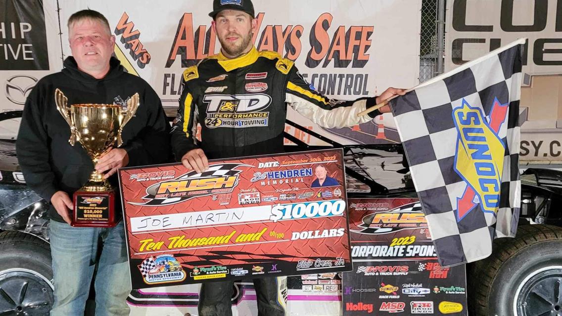 JOE MARTIN CAPTURES HIS BIGGEST CAREER WIN WITH A LAST LAP PASS FOR $10,000 IN NIGHT 2 OF &quot;BILL HENDREN MEMORIAL&quot; PRESENTED BY FK ROD ENDS AT PITTSBUR