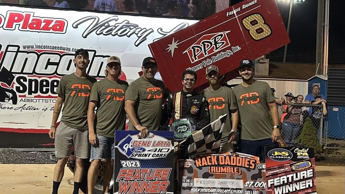 RACK DADDIES RUMBLE GOES TO FREDDIE RAHMER AFTER LAST LAP PASS FOR THE WIN; Frankie Herr Scores 358 Sprint Car Victory