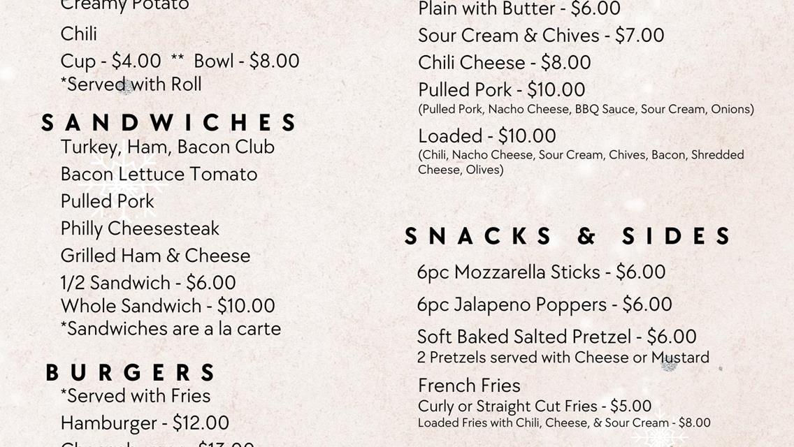MENU FOR THIS WEEKEND (DEC 8-10) AT WALKING IN A WINTER WONDERLAND!