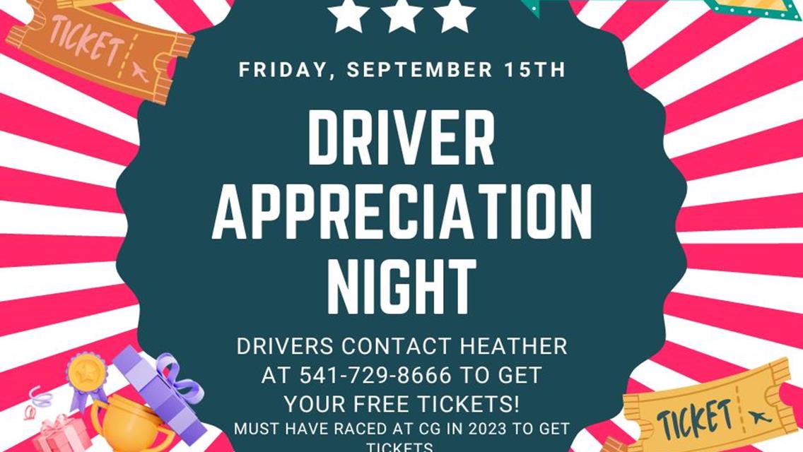 PRIZES & FREE TICKETS FOR DRIVERS, FRIDAY SEPTEMBER 15TH!! CHAMPIONSHIP NIGHT SATURDAY!!