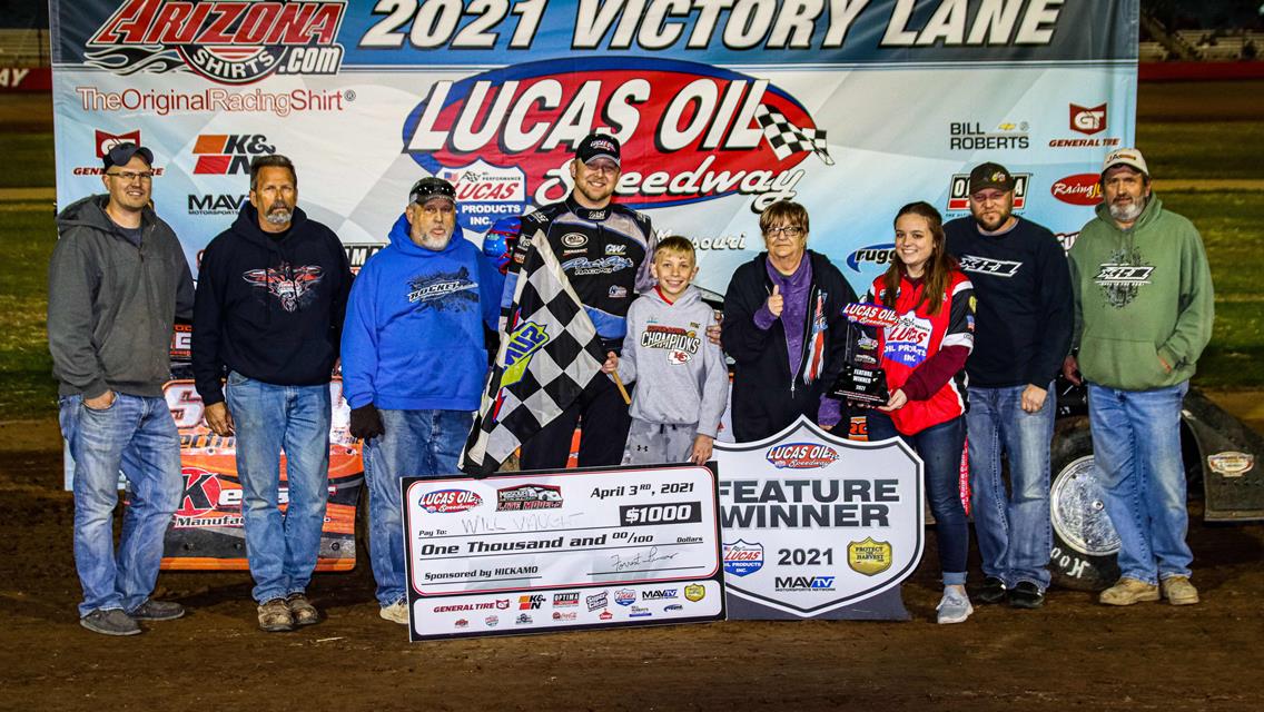 Vaught captures Lucas Oil Speedway opening-night headliner; Newell, McCowan, Brown also grab feature wins