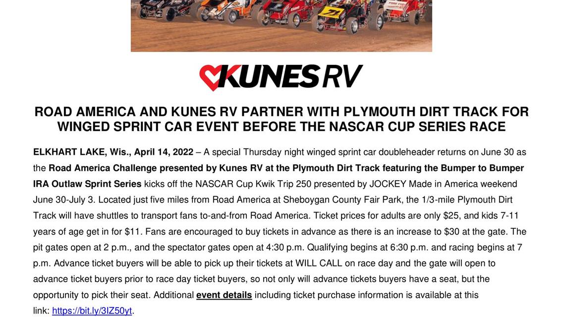 ROAD AMERICA AND KUNES RV PARTNER WITH PLYMOUTH DIRT TRACK FOR WINGED SPRINT CAR EVENT BEFORE THE NASCAR CUP SERIES RACE