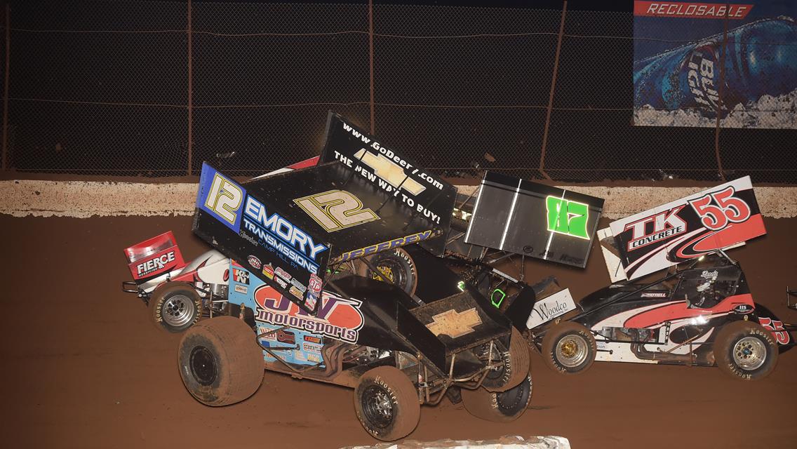 Lynton Jeffrey (12) and Kent Buckley (87) tangle while Paul Nienhiser (9) and Brooke Tatnell (55) try to avoid at SFCR (Rob Kocak Photo)