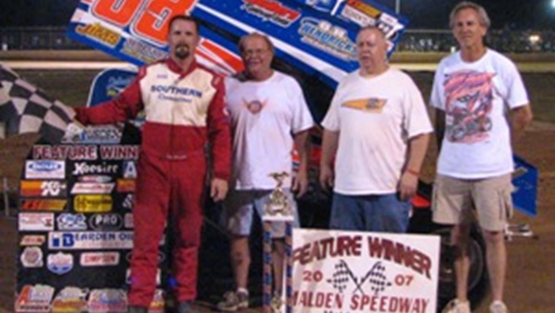 Crawley sets new track record and wins O&#39;Reilly USCS Mid-South Thunder race at Malden Speedway.