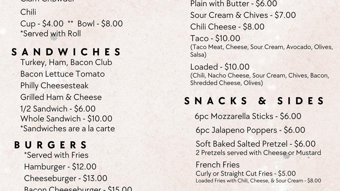 WALKING IN A WINTER WONDERLAND MENU FOR DECEMBER 1ST - 3RD!