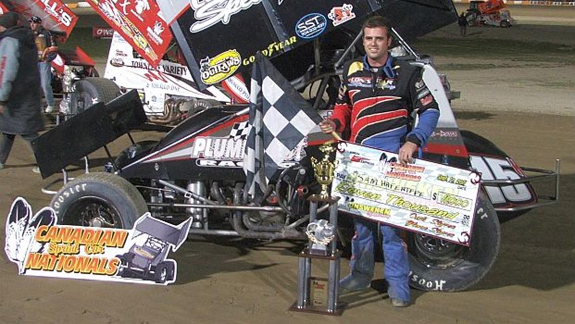 Sam Hafertepe, Jr, picked up $11,000 by winning Saturday night&#39;s Canadian Sprint Car Nationals finale. (T.J. Buffenbarger photo)