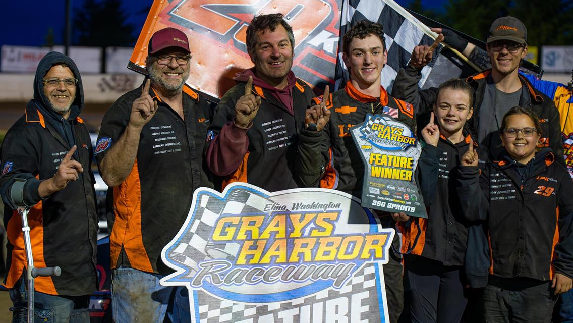 Levi Kuntz first 360 win at Grays Harbor Raceway 360 Challenge series race #1, joined in victory lane by Kenny Rutz and Max Sanford.