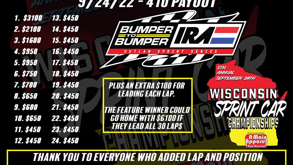 9/24/22 Wisconsin Sprint Car Championships Purse and Added Money