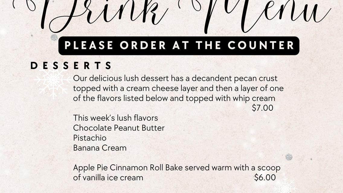 MENU FOR THIS WEEKEND (DEC 8-10) AT WALKING IN A WINTER WONDERLAND!