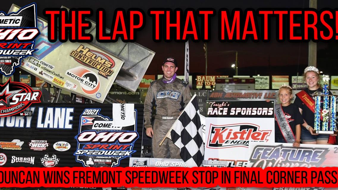 Cole Duncan gets by Danny Dietrich in final corner for Fremont Speedweek victory