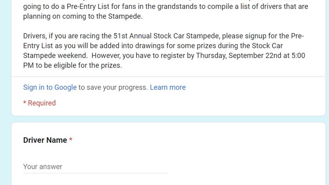 51st Annual Jamestown Stock Car Stampede - Pre-Entry List