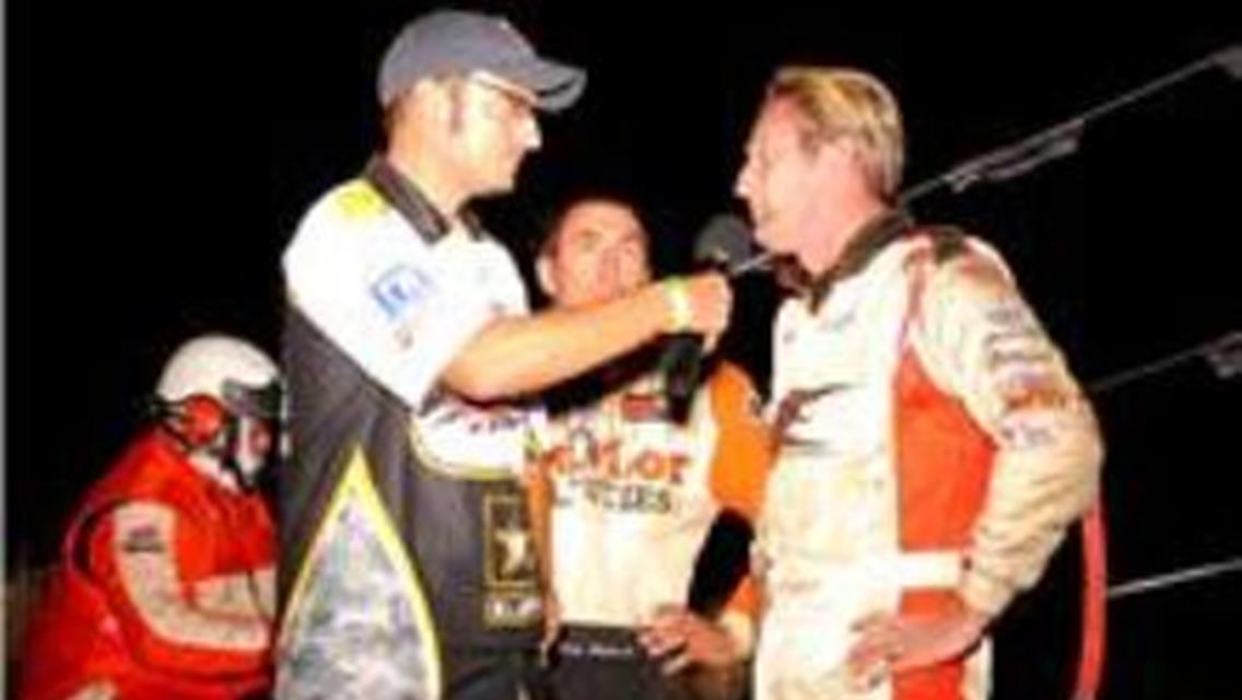 Announcer Justin Zoch, runnerup Jerry Richert Jr and winner Brokke Tatnell in Victory Lane following Richert Memorial win at CLS 9-10-11.