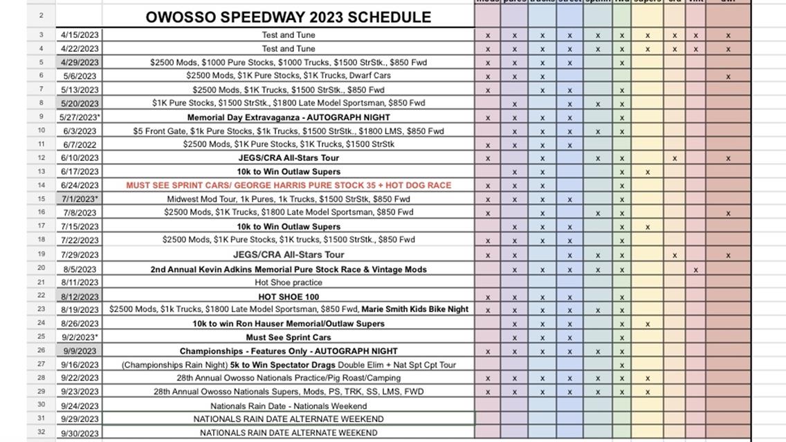 2023 Owosso Speedway Schedule - Including Special Events and Payout Increase!