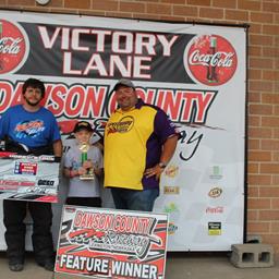 Jeff Ware Wins by the slimmest margins in the Overton Sand and Gravel IMCA Hobby Stock
