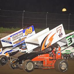 Tasker Phillips (7TAZ), Matt Juhl (09) and Tim Kaeding (3) at I-80 Speedway (Rob Kocak Photo)