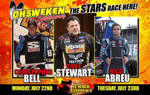 TONY STEWART, CHRISTOPHER BELL AND RICO ABREU TO RACE AT OHSWEKEN FOR TWO-DAY NORTHERN SUMMER NATIONALS ON JULY 22-23