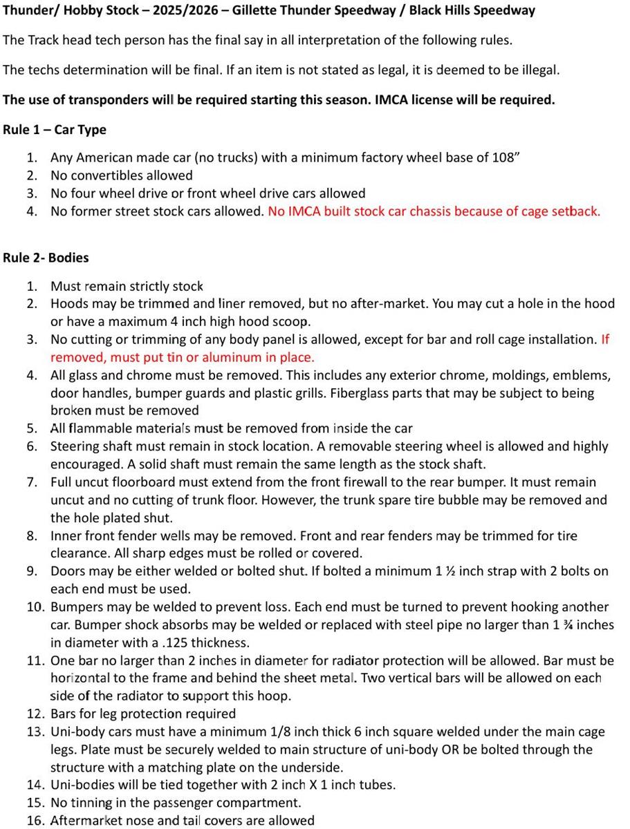 2025-2026 IMCA Hobby Stock Rule updates