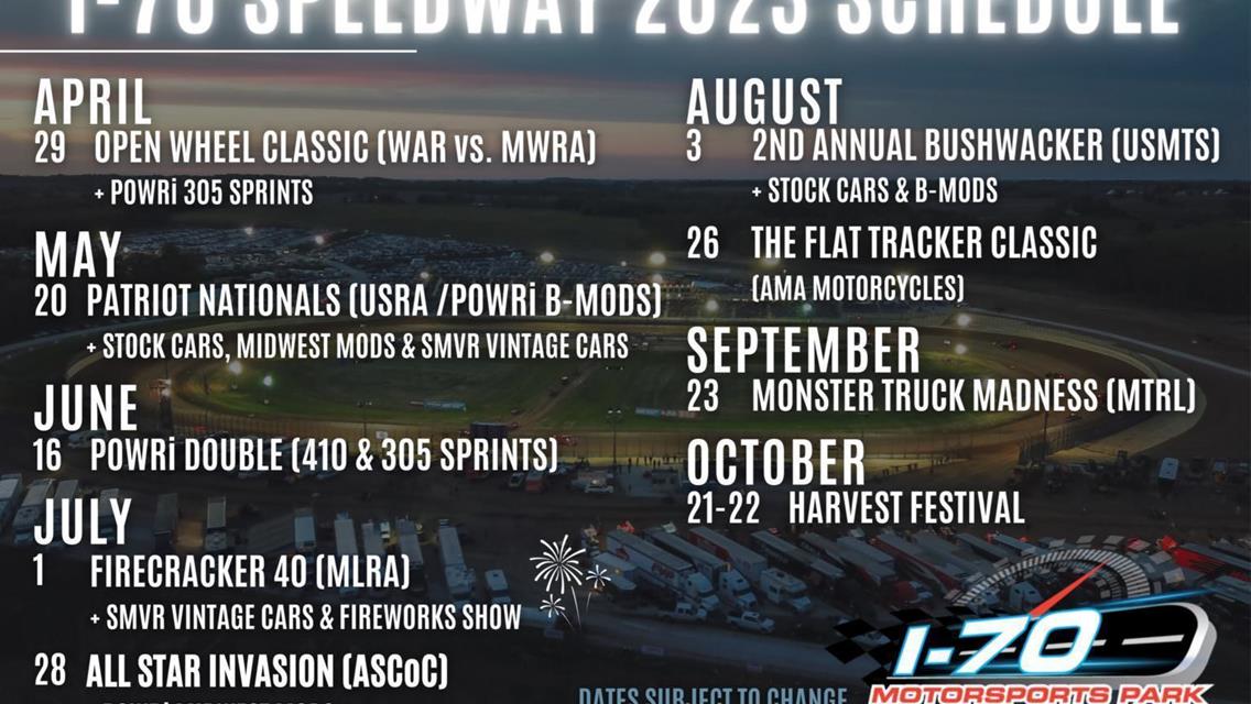 I-70 MOTORSPORTS PARK 2023 SCHEDULE